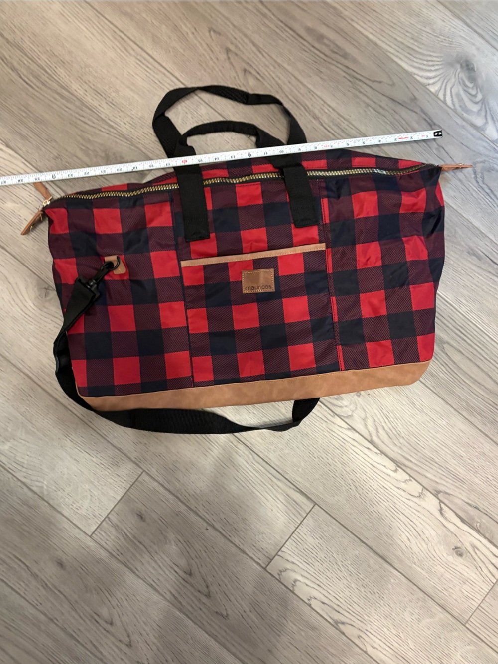 Maurices Red and Black Buffalo Plaid Faux Leather Travel Duffel Bag - Picture 2 of 4
